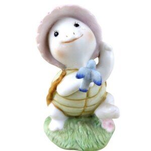 Vintage Homco Springtime Turtle Figurine Pink Hat Blue Bird Porcelain Bisque 80s